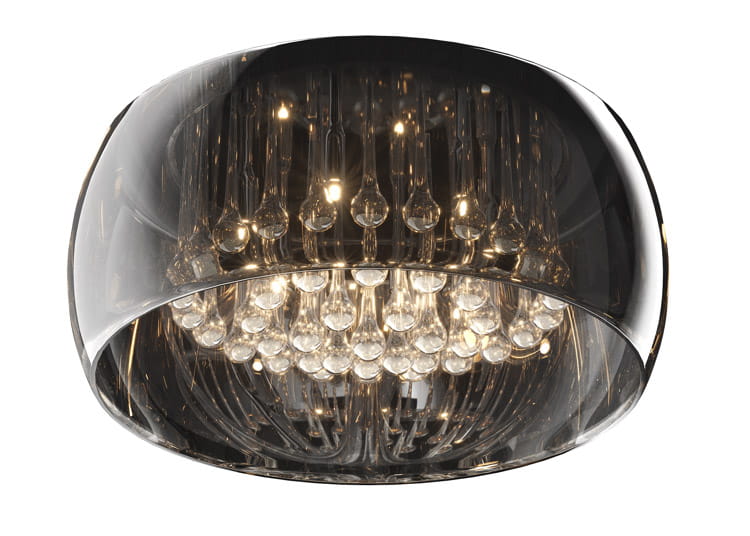 Duża lampa sufitowa Crystal C0076-06X-F4FZ o okrągłym, szklanym kloszu w kolorze ciemnoszarym. Posiada sześć punktów świetlnych otoczonych efektownymi kryształkami, które odbijają światło, tworząc elegancką atmosferę.