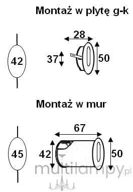 Oprawa schodowa Lesel LED 002, z wymiarami montażu: 28 mm (średnica otworu) i 50 mm (wysokość) dla płyty g-k oraz 67 mm (długość) i 50 mm (wysokość) dla montażu w murze. Kolor: biały.
