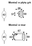 Oprawa schodowa Lesel LED 002, z wymiarami montażu: 28 mm (średnica otworu) i 50 mm (wysokość) dla płyty g-k oraz 67 mm (długość) i 50 mm (wysokość) dla montażu w murze. Kolor: biały.