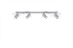 Szara lampa sufitowa (spot) 4-punktowa z metalowym stelażem. Cztery cylindryczne reflektory zamontowane na prostokątnej podstawie, skierowane w różnych kierunkach. Prosty design, idealna do nowoczesnych wnętrz.