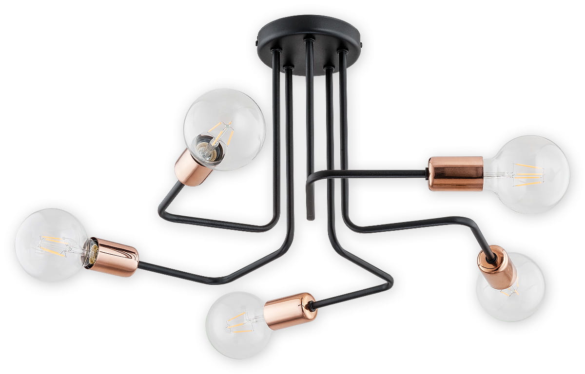 Lampa wisząca Pixi 5-punktowa O2745 W5 CZA, w kolorze czarnym z metalowymi elementami w odcieniu miedzi. Posiada pięć okrągłych kloszy z przezroczystego szkła, zamontowanych na asymetrycznych ramionach. Ujęcie z dołu, ukazujące detal konstrukcji.