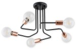 Lampa wisząca Pixi 5-punktowa O2745 W5 CZA, w kolorze czarnym z metalowymi elementami w odcieniu miedzi. Posiada pięć okrągłych kloszy z przezroczystego szkła, zamontowanych na asymetrycznych ramionach. Ujęcie z dołu, ukazujące detal konstrukcji.