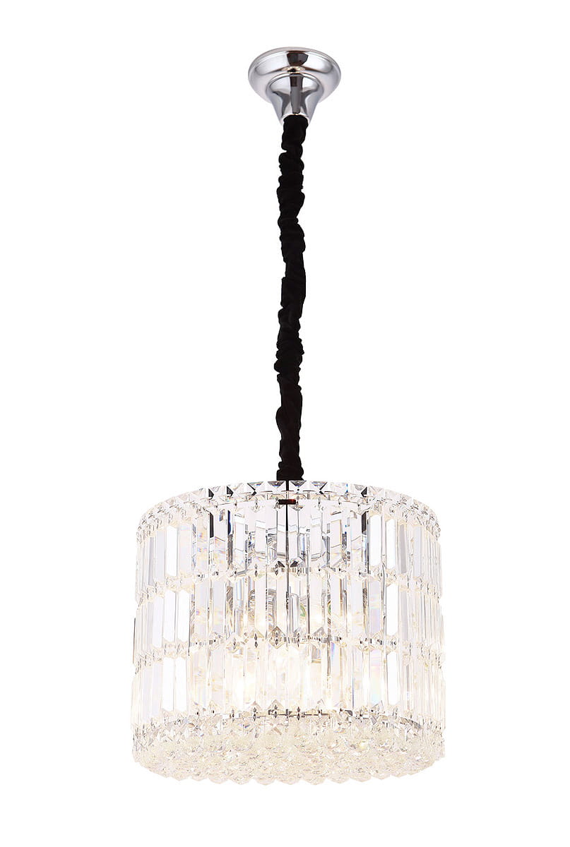 Lampa wisząca Puccini D40, 11-punktowa, z przezroczystymi kryształkami w cylindrycznym kształcie, zawieszona na czarnym, rozciągniętym przewodzie. Chromowany sufitowy uchwyt. Efektowne oświetlenie, idealne do nowoczesnych wnętrz.