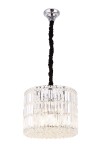 Lampa wisząca Puccini D40, 11-punktowa, z przezroczystymi kryształkami w cylindrycznym kształcie, zawieszona na czarnym, rozciągniętym przewodzie. Chromowany sufitowy uchwyt. Efektowne oświetlenie, idealne do nowoczesnych wnętrz.