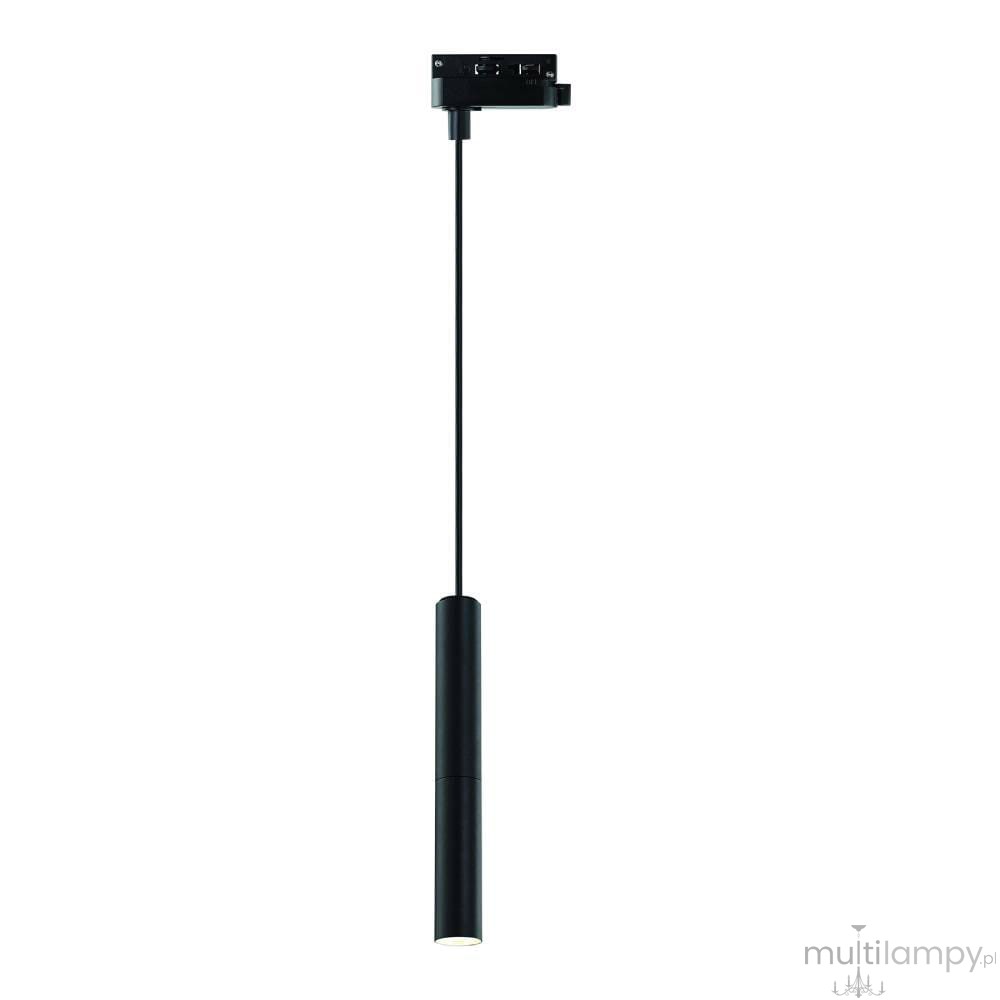 Lampa wisząca Track Slimi S w kolorze czarnym, montowana na szynie. Okrągły, cylindryczny kształt z metalowym wykończeniem, zawieszona na cienkim kablu. W dolnej części znajduje się źródło światła. Tło białe, co podkreśla elegancki design lampy.