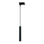 Lampa wisząca Track Slimi S w kolorze czarnym, montowana na szynie. Okrągły, cylindryczny kształt z metalowym wykończeniem, zawieszona na cienkim kablu. W dolnej części znajduje się źródło światła. Tło białe, co podkreśla elegancki design lampy.