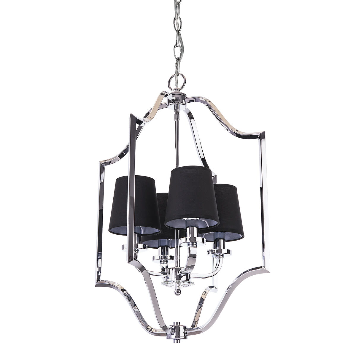 Lampa wisząca New York 4-punktowa, z chromowanym stelażem i czterema czarnymi abażurami. Ujęcie z dołu, eksponujące elegancki kształt i detale konstrukcji. Produkt zawieszony na łańcuchu, na jednolitym tle.