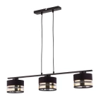 Lampa wisząca Sofia 3-punktowa w kolorze czarnym i złotym, z trzema cylindrycznymi kloszami. Klasyczna konstrukcja z matowym wykończeniem i przezroczystymi akcentami, zawieszona na prostokątnej podstawie z dwoma przewodami.