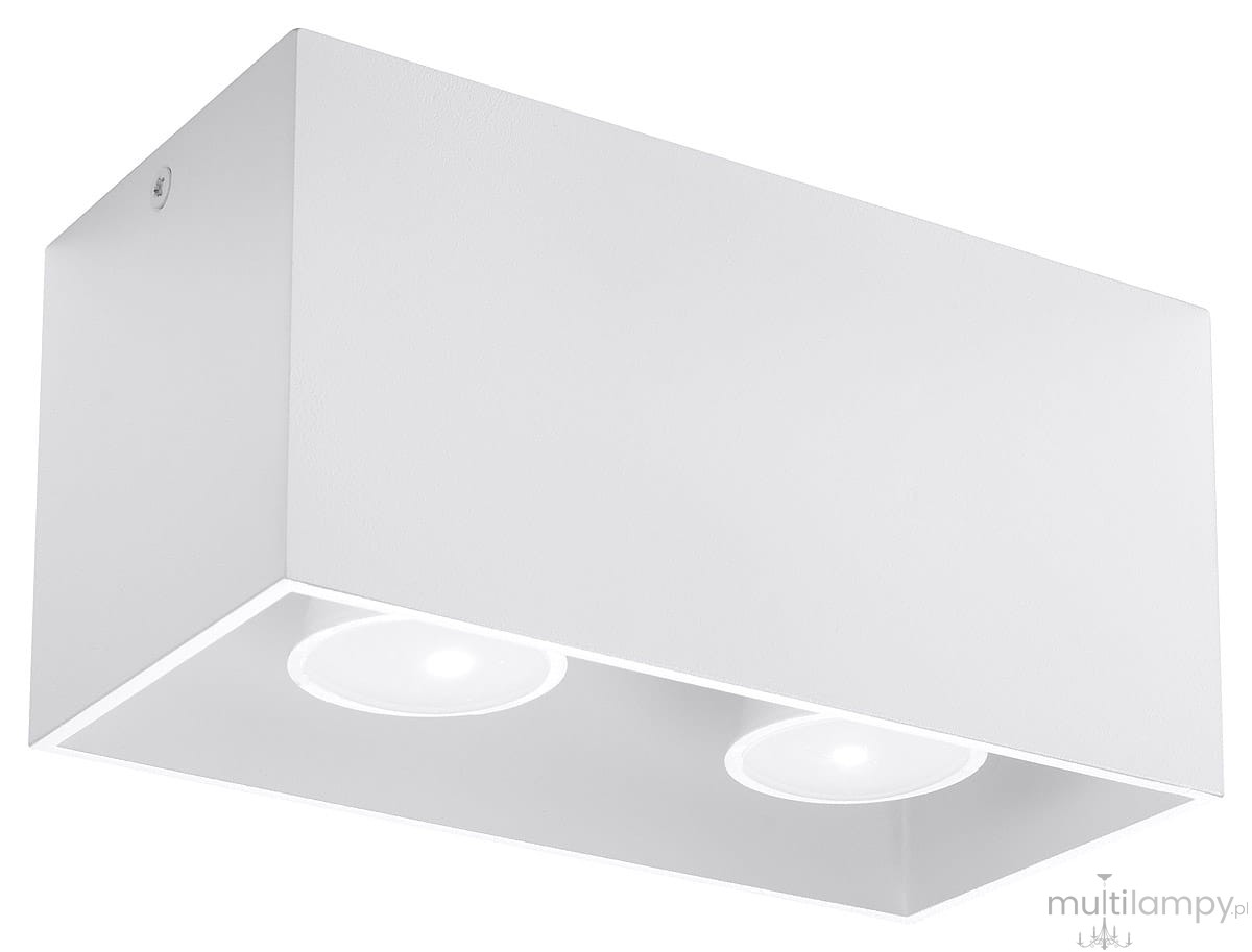 Lampa sufitowa Quad Maxi 2-punktowa w kolorze białym, o prostokątnym kształcie. Zawiera dwa okrągłe źródła światła umieszczone w dolnej części. Produkt zamontowany w pozycji wiszącej, z gładką, matową powierzchnią.
