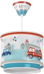 Lampa wisząca 1-punktowa Police w kształcie cylindrycznym, z kolorowym wzorem przedstawiającym pojazdy policyjne i strażackie. Górna część w kształcie stożka, biało-niebieska, z napisem POLICE! oraz dekoracyjnym paskiem. Idealna do pokoju dziecięcego.