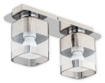 Lampa sufitowa Chroms O2612 P2 CH z dwoma punktami świetlnymi, metalowa w kolorze chromu, z przezroczystymi kloszami o kształcie heksagonalnym. Ujęcie z przodu, zamontowana pod sufitem, widoczne gwinty żarówek.
