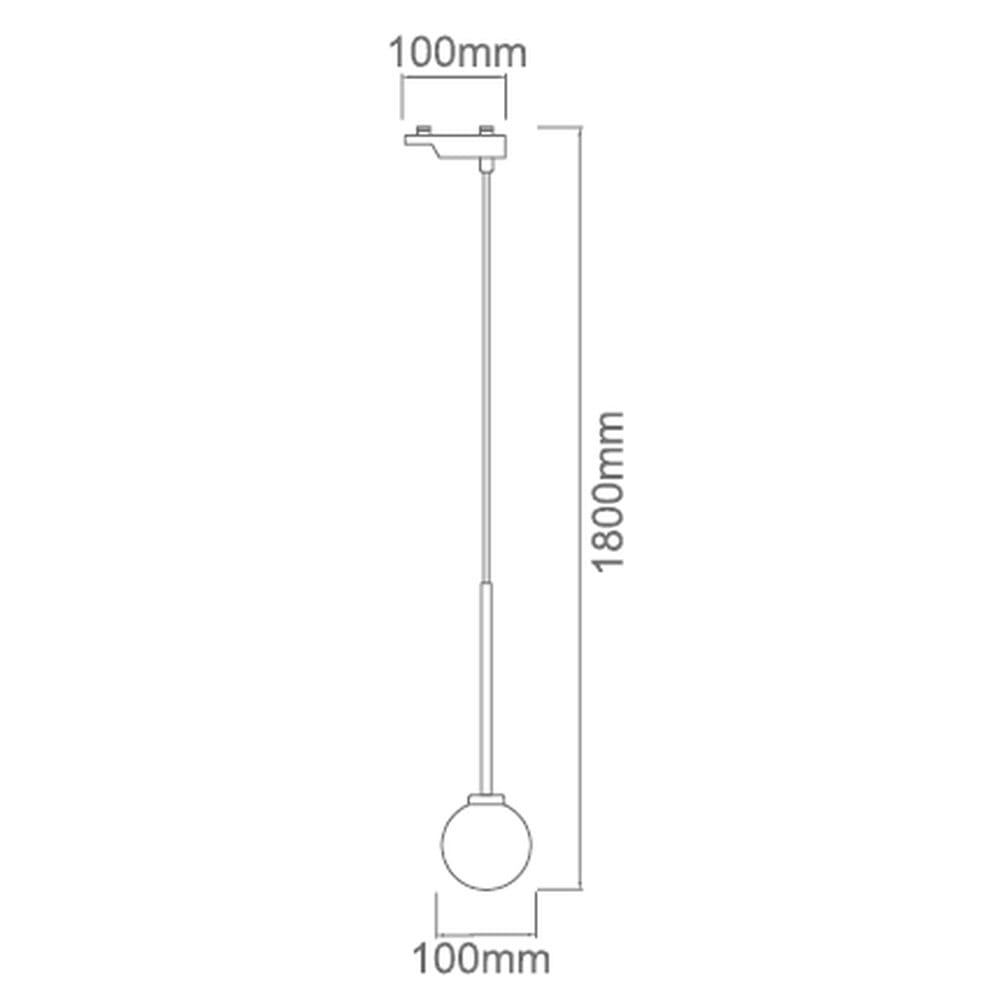 Lampa wisząca Track Ota I w kolorze czarnym, z okrągłym kloszem o średnicy 100 mm. Umożliwia montaż na szynie. Wysokość zawieszenia wynosi 1800 mm. Produkt w ujęciu frontalnym, z detalami wymiarów.