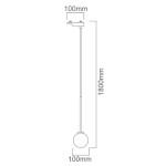 Lampa wisząca Track Ota I w kolorze czarnym, z okrągłym kloszem o średnicy 100 mm. Umożliwia montaż na szynie. Wysokość zawieszenia wynosi 1800 mm. Produkt w ujęciu frontalnym, z detalami wymiarów.