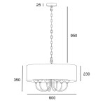 Lampa wisząca Abu Dhabi, sześciopunktowa, w kolorze patyny. Okrągły klosz o średnicy 600 mm, zawieszony na łańcuchu o długości 950 mm. Wysokość klosza wynosi 230 mm, a szerokość 350 mm. Prosta konstrukcja idealna do nowoczesnych wnętrz.