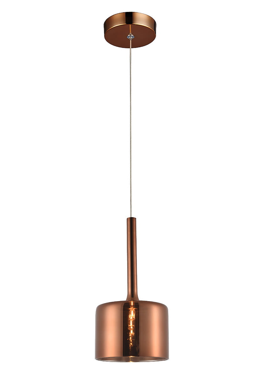 Lampa wisząca Copenhagen w kolorze miedzi, z okrągłym kloszem i długim, prostym uchwytem. Zawieszona na cienkim, białym przewodzie. Klosz ma gładką, błyszczącą powierzchnię, co podkreśla nowoczesny design. Ujęcie frontalne.