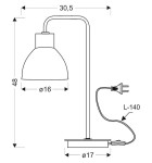 Czarna lampka biurkowa Vario 1-punktowa o wysokości 48 cm i szerokości 30,5 cm. Klosz o średnicy 16 cm, podstawa o średnicy 17 cm, z kablem zasilającym o długości 140 cm. Prosty, nowoczesny design, idealna do biura lub domowego wnętrza.