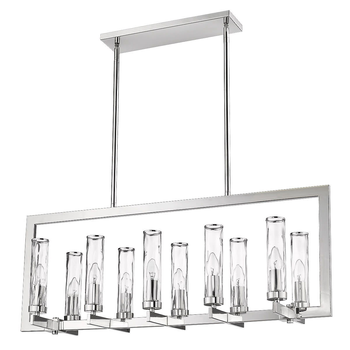 Lampa wisząca Oxford 10-punktowa w chromowanej oprawie. Prosta konstrukcja z prostokątnym stelażem i dziesięcioma szklanymi kloszami. Zawieszona na cienkich linkach, idealna do nowoczesnych wnętrz.