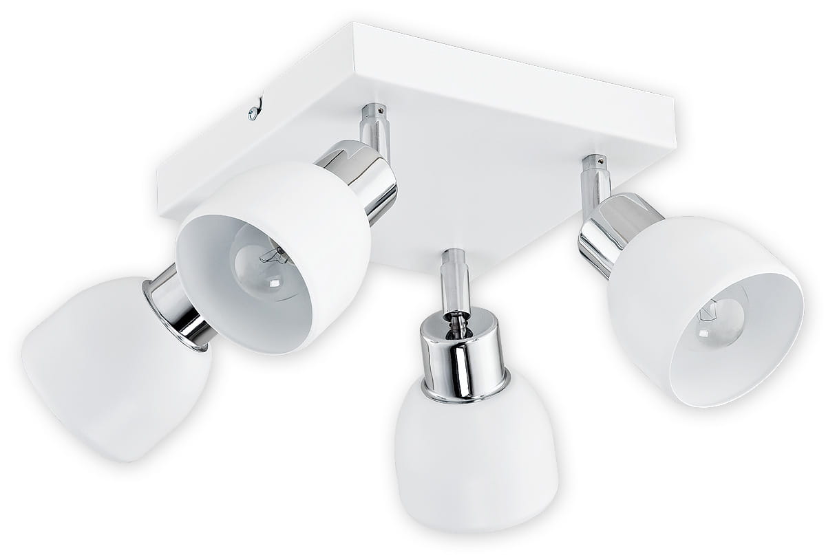 Czteropunktowa lampa sufitowa Feniks O2594 z białymi kloszami i chromowanymi detalami. Ułożona w poziomie, z kloszami skierowanymi w różne strony. Prosta, kwadratowa podstawa w białym kolorze, idealna do nowoczesnych wnętrz.