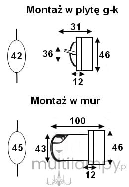 Schemat montażu oprawy schodowej Lesel LED 008A L. Zawiera wymiary: wysokość 42 mm, szerokość 31 mm (montaż w płytę g-k), 100 mm (montaż w mur), głębokość 12 mm, oraz wysokość 46 mm dla obu opcji.