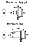 Schemat montażu oprawy schodowej Lesel LED 008A L. Zawiera wymiary: wysokość 42 mm, szerokość 31 mm (montaż w płytę g-k), 100 mm (montaż w mur), głębokość 12 mm, oraz wysokość 46 mm dla obu opcji.