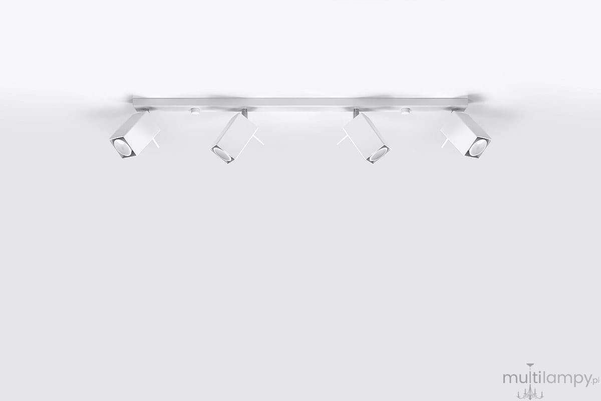 Biała lampa sufitowa Merida (spot) 4-punktowa, montowana na prostokątnej podstawie. Cztery regulowane reflektory w kształcie sześcianów, umieszczone w dwóch parach, skierowane w różnych kierunkach, na jasnym tle.