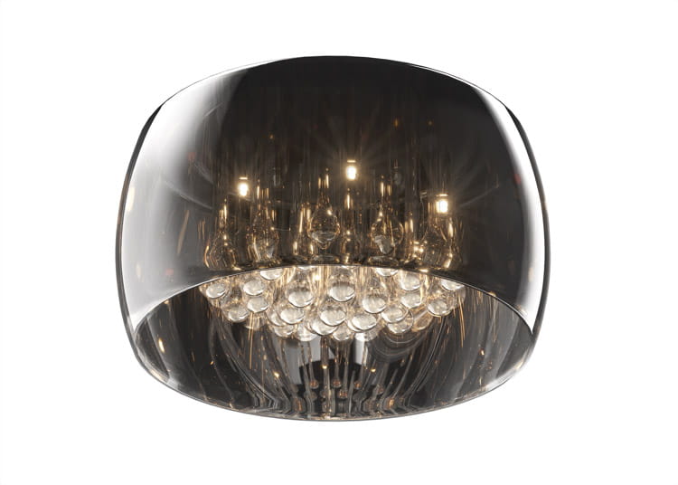 Mała lampa sufitowa Crystal C0076-05L-F4FZ, pięciopunktowa, z półprzezroczystym kloszem w odcieniu szaro-srebrnym, prezentująca kryształowe detale wewnątrz. Ujęcie frontalne ukazuje elegancki kształt oraz źródła światła.