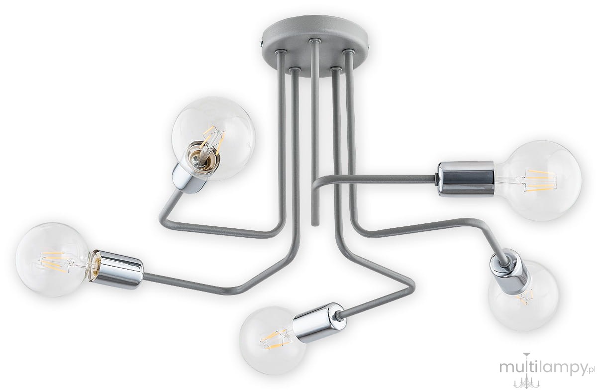 Lampa wisząca Pixi 5-punktowa O2745 W5 w kolorze szarym. Posiada pięć okrągłych, przezroczystych kloszy z żarówkami LED, zamocowanych na metalowych ramionach w geometrycznym układzie. Montaż sufitowy, widok z góry.