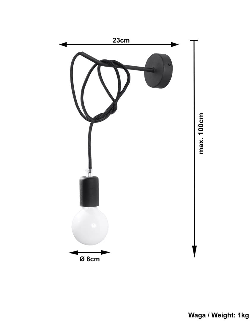 Edison kinkiet 1-punktowy SL.0373 z czarnym kablem, zawieszony na okrągłej podstawie. Żarówka o średnicy 8 cm w białym kloszu. Wymiary: długość kabla max. 100 cm, średnica podstawy 23 cm. Prosty design, idealny do nowoczesnych wnętrz.