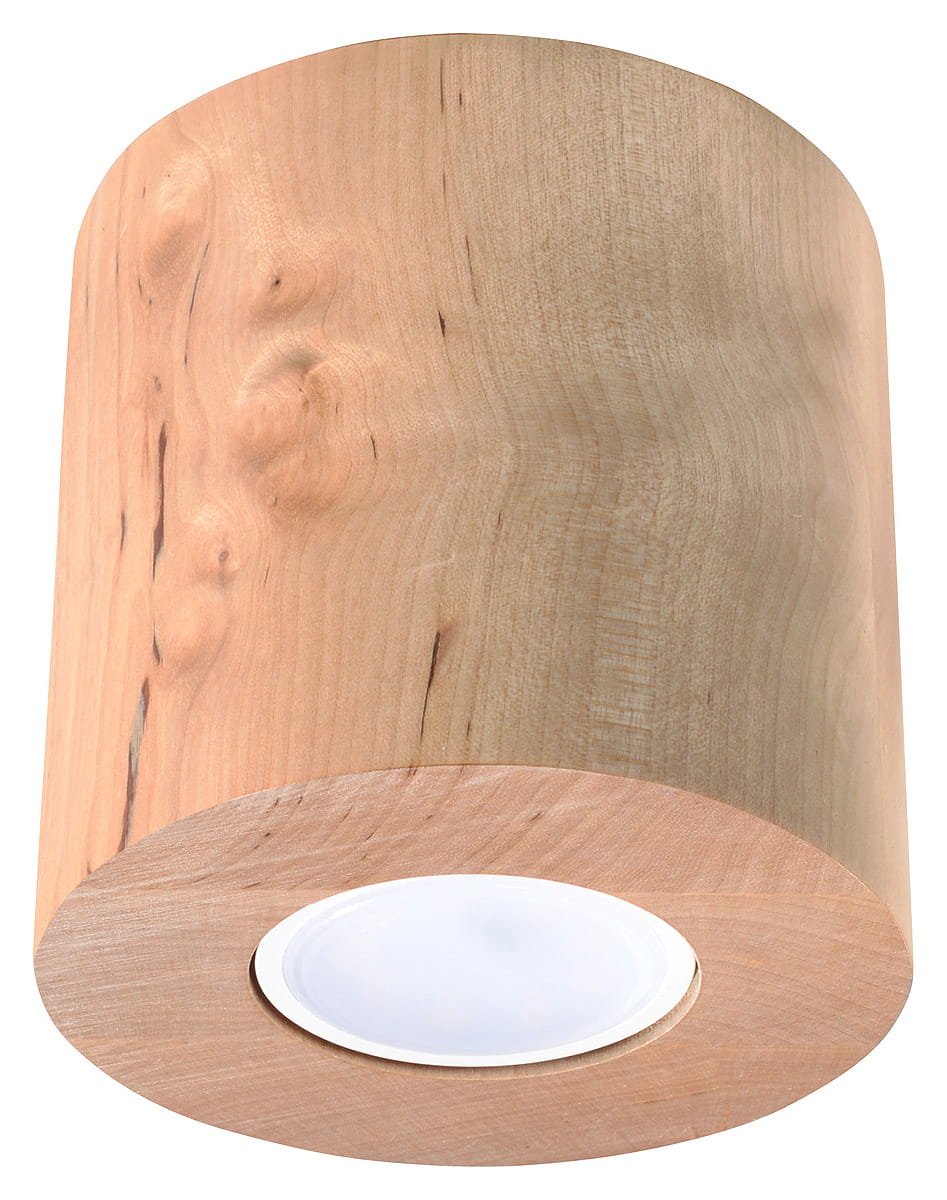 Lampa sufitowa Orbis Drewno 1-punktowa SL.0492 w kształcie cylindrycznym, wykonana z jasnego drewna z widoczną fakturą. U dołu znajduje się okrągłe gniazdo na źródło światła, całość w naturalnym wykończeniu. Ujęcie frontalne.