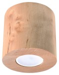 Lampa sufitowa Orbis Drewno 1-punktowa SL.0492 w kształcie cylindrycznym, wykonana z jasnego drewna z widoczną fakturą. U dołu znajduje się okrągłe gniazdo na źródło światła, całość w naturalnym wykończeniu. Ujęcie frontalne.