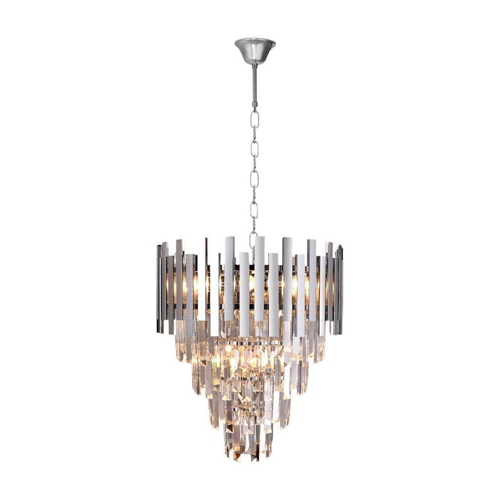Lampa wisząca Aspen 9-punktowa w chromie, z kryształowymi dekoracjami. Ma okrągły kształt z pionowymi, błyszczącymi elementami. Zawieszona na łańcuszku, oświetla wnętrze, tworząc efektowną aranżację.