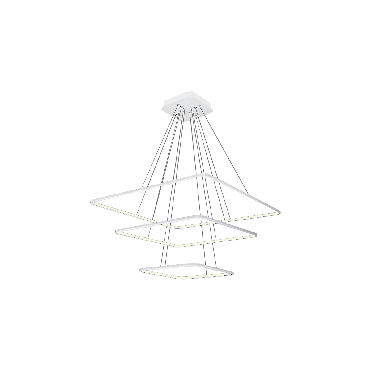 Biała lampa wisząca Nix LED 3-punktowa z trzema prostokątnymi panelami. Panele zawieszone na cienkich linkach, tworzą efekt wielowarstwowy. Prosta forma, nowoczesny design, idealna do aranżacji wnętrz.