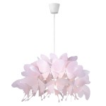 Lampa wisząca Farfalla 1-punktowa LP-MD088-3439A/1P w kolorze różowym, zbudowana z asymetrycznych, papierowych motyli, zawieszona na białym kablu. Produkt w formie dekoracyjnej, o nowoczesnym designie, idealny do aranżacji wnętrz.