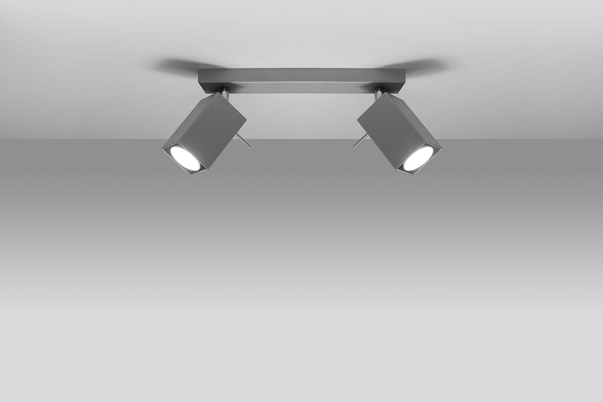 Lampa sufitowa Merida 2-punktowa w kolorze szarym. Posiada dwa ruchome reflektory zamontowane na prostokątnej podstawie. Ujęcie frontalne, na jednolitym tle, ukazujące detale konstrukcji i źródła światła.