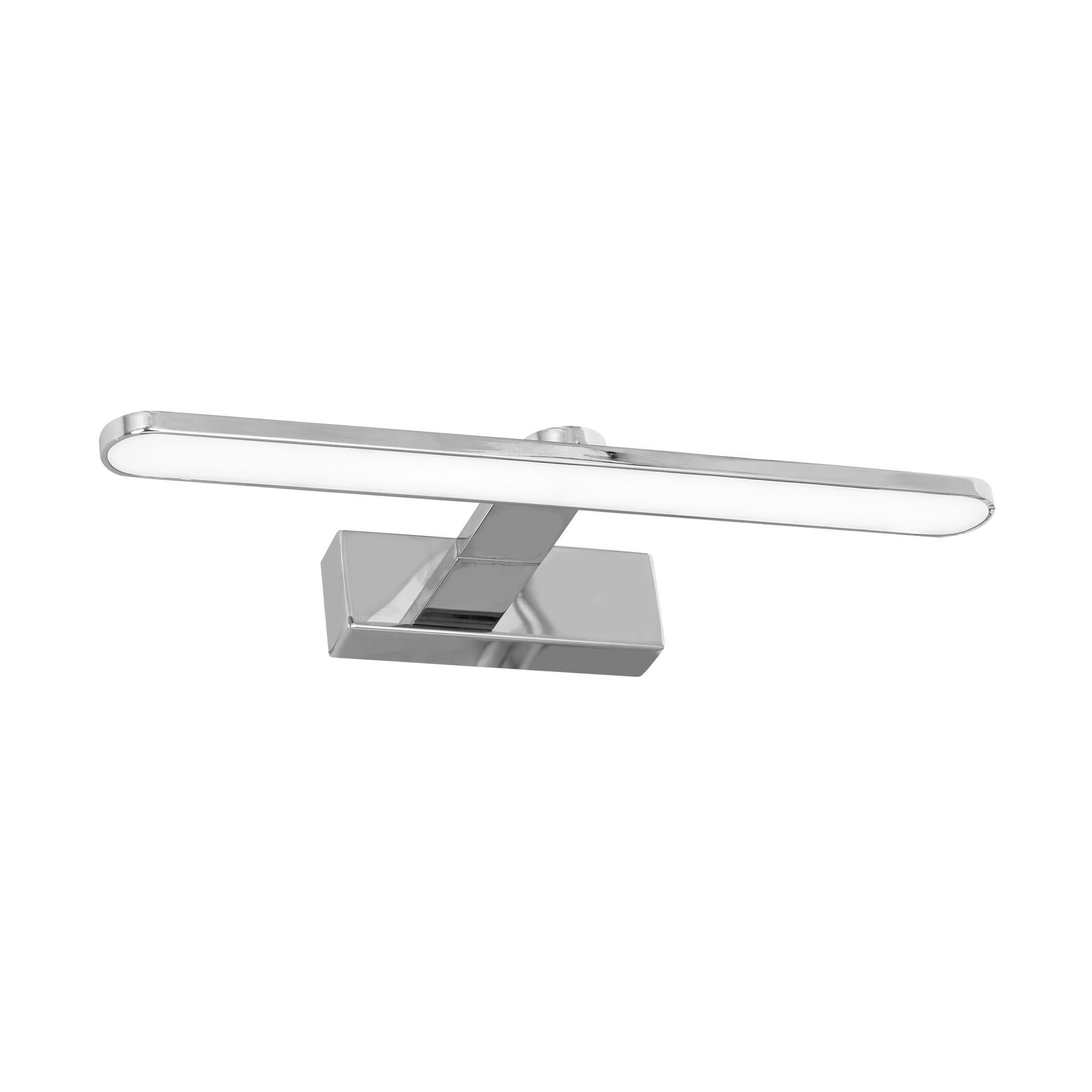 Kinkiet LED IP44 w kolorze chromu, o prostokątnym kształcie, z zamontowanym w poziomie źródłem światła. Wysokość 40 cm, szerokość 8 cm. Gładka, błyszcząca powierzchnia, elegancki design, idealny do nowoczesnych wnętrz.