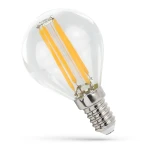 Żarówka LED kulka E14 o mocy 5,5W, z przezroczystą szklaną obudową. Wnętrze z czterema cienkimi diodami w kolorze żółtym. Kształt kulisty, z metalowym gwintem. Emituje ciepłe białe światło o temperaturze 2700K. Ujęcie z boku, ukazujące detale konstrukcji.