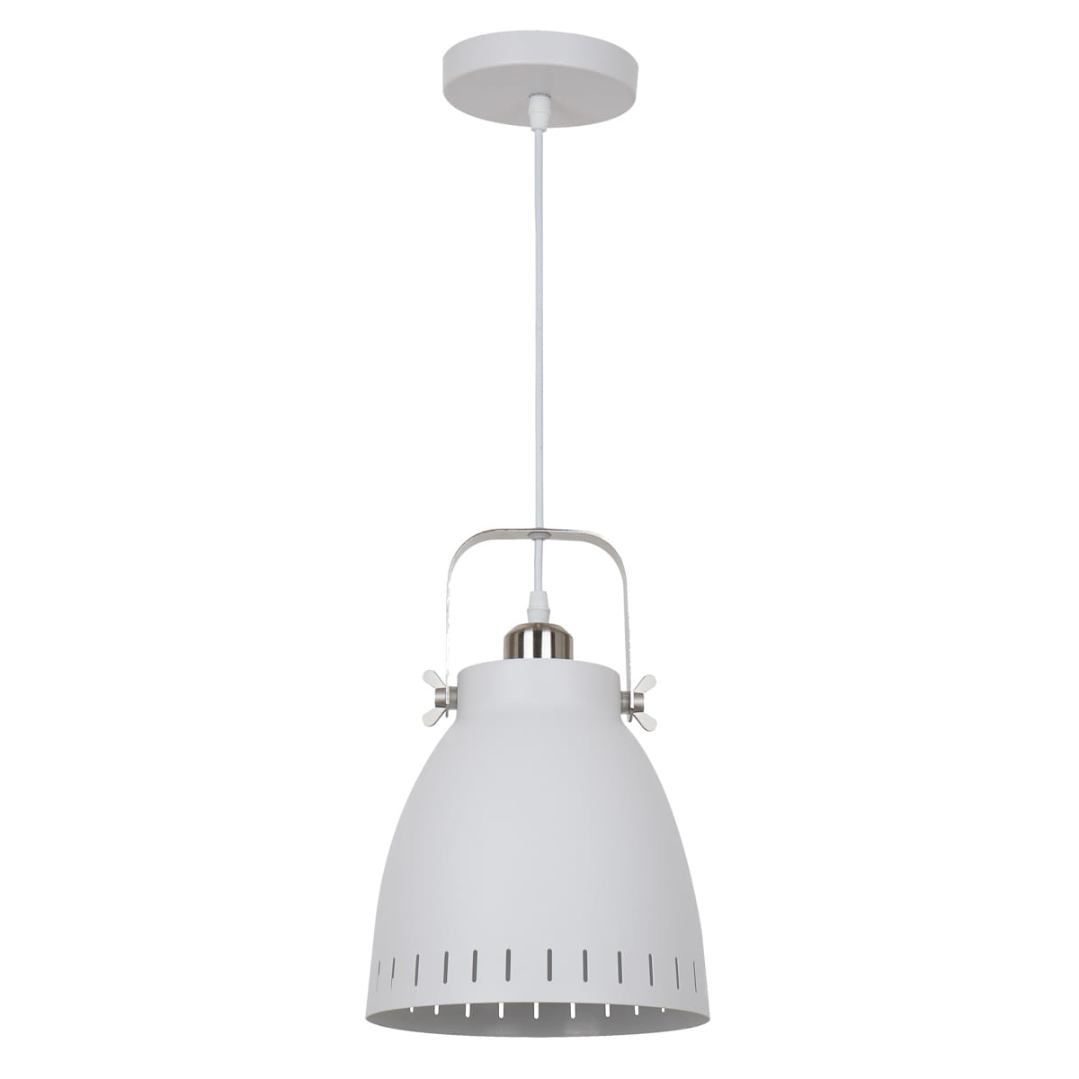 Lampa wisząca Franklin 1-punktowa w kolorze białym z metalowym uchwytem. Posiada okrągły klosz z widocznymi otworami dekoracyjnymi. Jest zawieszona na białym przewodzie, z okrągłym, białym mocowaniem sufitowym. Idealna do nowoczesnych wnętrz.