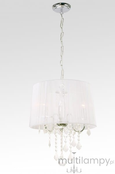 Mona lampa wisząca 3-punktowa LP-5005/3P w kolorze srebrnym. Okrągły klosz z transparentnego materiału, pod którym znajdują się trzy źródła światła oraz dekoracyjne kryształowe zawieszki. Lampa zwisa na łańcuszku z metalowym mocowaniem.