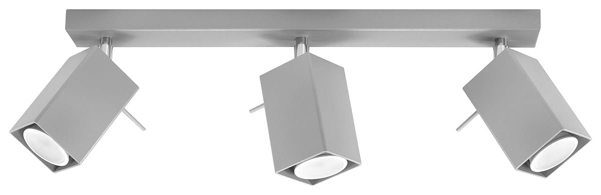 Lampa sufitowa Merida 3-punktowa w kolorze szarym, z metalową konstrukcją. Składa się z trzech regulowanych reflektorów w kształcie prostokątów, zamontowanych na płaskiej listwie. Elementy źródeł światła są okrągłe i białe.