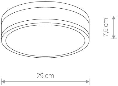 Plafon LED Malakka 1-punktowy o średnicy 29 cm i wysokości 7,5 cm. Okrągły, płaski design z gładką, matową powierzchnią. Idealny do montażu sufitowego w nowoczesnych wnętrzach.