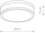 Plafon LED Malakka 1-punktowy o średnicy 29 cm i wysokości 7,5 cm. Okrągły, płaski design z gładką, matową powierzchnią. Idealny do montażu sufitowego w nowoczesnych wnętrzach.