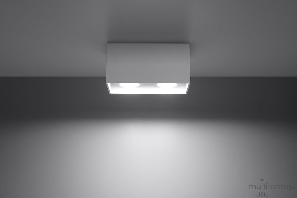 Lampa sufitowa Quad Maxi 2-punktowa w kolorze białym, o kwadratowym kształcie, zamontowana na suficie. Emituje jasne światło z dwóch punktów świetlnych, umieszczonych w prostokątnej obudowie. Tło w odcieniu szarości.