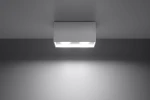 Lampa sufitowa Quad Maxi 2-punktowa w kolorze białym, o kwadratowym kształcie, zamontowana na suficie. Emituje jasne światło z dwóch punktów świetlnych, umieszczonych w prostokątnej obudowie. Tło w odcieniu szarości.
