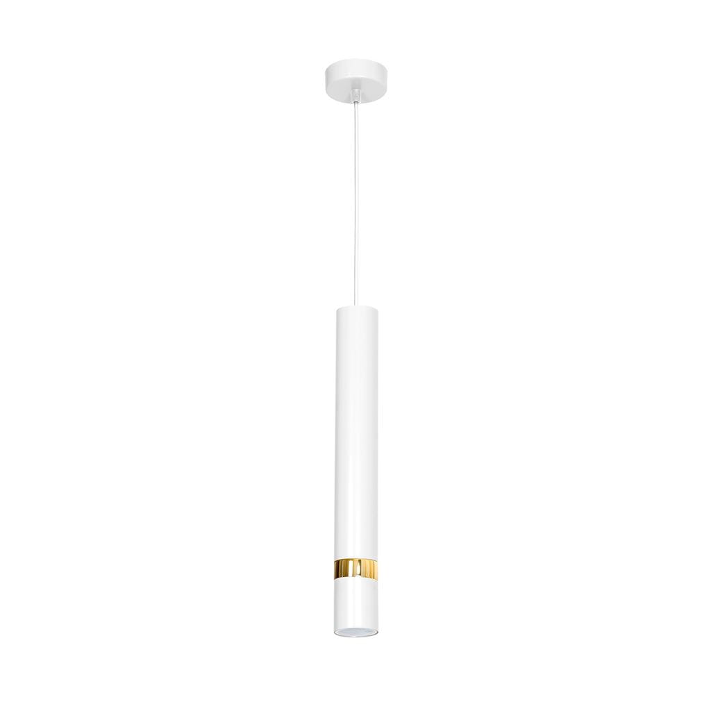 Lampa wisząca Joker 1-punktowa w kolorze białym z złotym akcentem. Cylindryczny kształt, zawieszona na cienkim przewodzie. Prosty design, idealna do nowoczesnych wnętrz, montowana sufitowo.