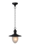 Lampa ogrodowa wisząca Aruba w kolorze czarnym z metalowym, okrągłym daszkiem i oprawą w kształcie owalu. Wisi na łańcuchu, z mlecznym kloszem, emitującym ciepłe światło. Produkt zainstalowany w pozycji wiszącej, na jednolitym tle.