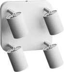 Biała lampa sufitowa Eye Spot z czterema punktami świetlnymi, zamocowana na kwadratowej podstawie. Reflektory cylindryczne, regulowane, z metalicznymi uchwytami. Prosty, nowoczesny design, idealna do oświetlenia wnętrz.