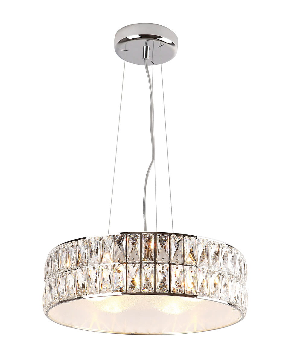 Lampa wisząca Diamante 6-punktowa, okrągła, z chromowanym stelażem i kryształowymi elementami. Zawieszona na cienkich linkach, z białym wnętrzem. Reflektory LED w kształcie diamentów, tworzą efektowne odbicia światła.