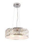 Lampa wisząca Diamante 6-punktowa, okrągła, z chromowanym stelażem i kryształowymi elementami. Zawieszona na cienkich linkach, z białym wnętrzem. Reflektory LED w kształcie diamentów, tworzą efektowne odbicia światła.