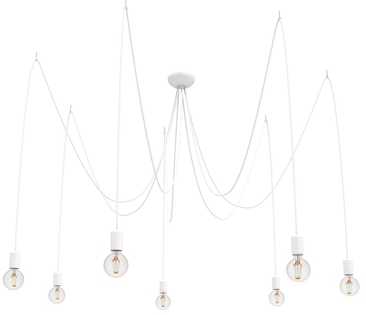 Lampa wisząca Spider 7-punktowa w białym kolorze z siedmioma przewodami i żarówkami w przezroczystych kloszach. Produkt zawieszony z sufitu, z minimalistycznym designem i eleganckim układem.
