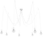Lampa wisząca Spider 7-punktowa w białym kolorze z siedmioma przewodami i żarówkami w przezroczystych kloszach. Produkt zawieszony z sufitu, z minimalistycznym designem i eleganckim układem.